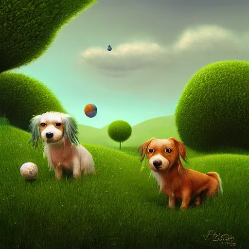 Prompt: dogs on green landscape by gediminas pranckevicius