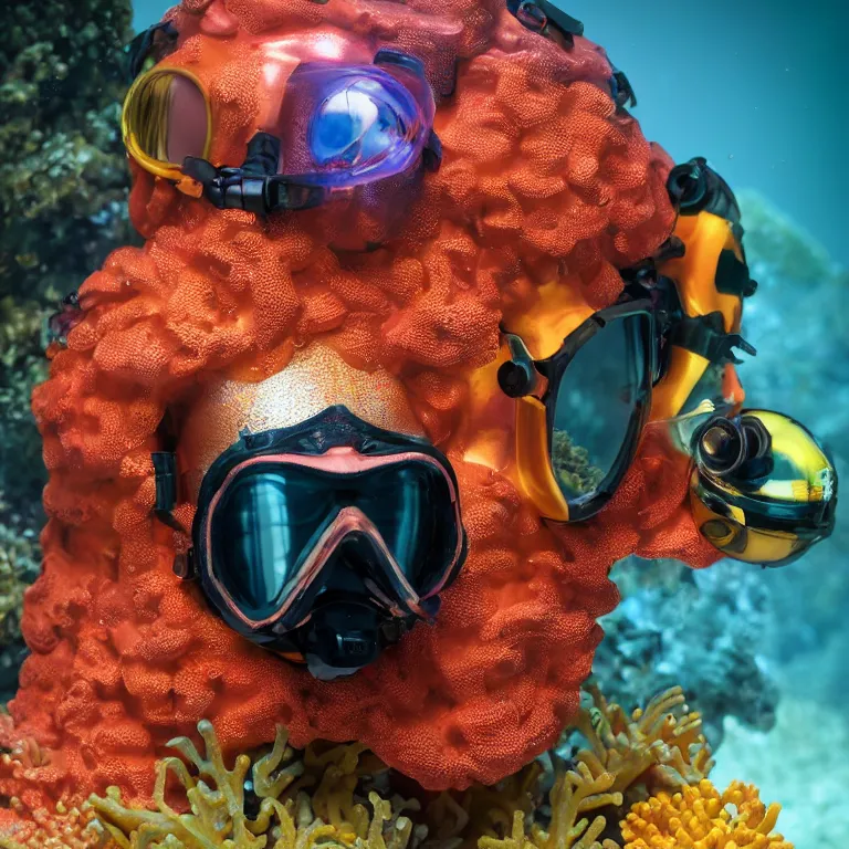 Prompt: octane render portrait by wayne barlow and carlo crivelli and glenn fabry, subject is a shiny reflective colorful tactical special forces scuba diver with small dim lights inside helmet, surrounded by bubbles inside an exotic alien coral reef aquarium full of exotic fish and sharks, cinema 4 d, ray traced lighting, very short depth of field, bokeh