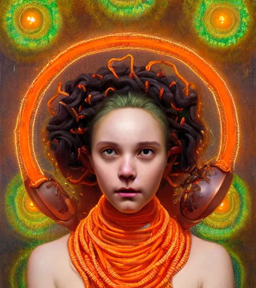 Prompt: portrait of teenage medusa, bald, naughty smile, coral snakes cover her head, wearing an embroidered orange tunic, intricate, elegant, copper and emerald jewelry, glowing lights, highly detailed, digital painting, artstation, concept art, smooth, sharp focus, illustration, art by wlop, mucha, artgerm, and greg rutkowski