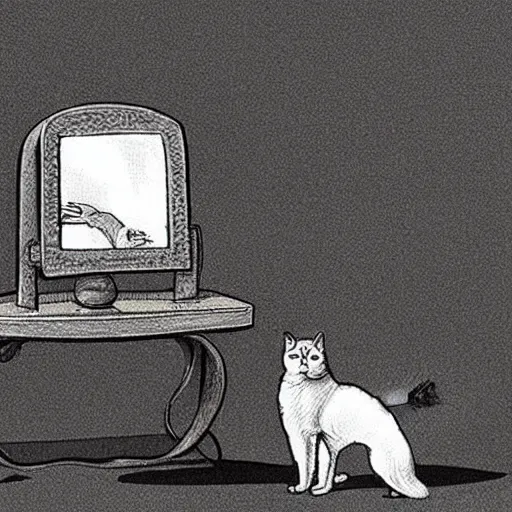 Prompt: a dog looking curiously in the mirror, seeing a cat.