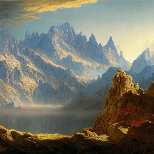 Image similar to a beautiful and highly detailed matte painting of an epic mountain range, intricate details, epic scale, insanely complex, 8 k, sharp focus, hyperrealism, very realistic, by caspar friedrich, james gurney, albert bierstadt,