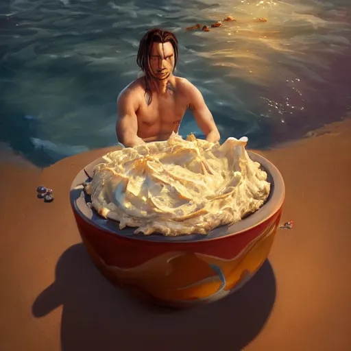 Image similar to johnny depp swimming in a giant bowl of chip dip, ultra high detailed, oil painting, greg rutkowski, charlie bowater, yuumei, yanjun cheng, unreal 5, daz, hyperrealistic, octane render, rpg portrait, dynamic lighting