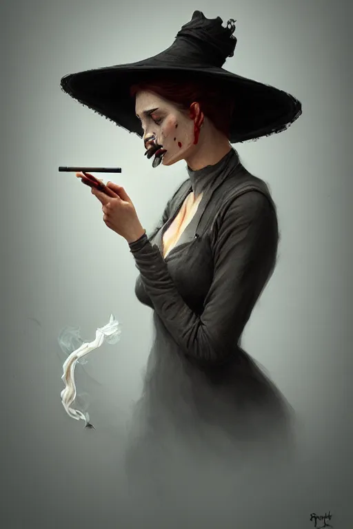 Image similar to Sad woman smoking a gigarette, wearing hat made of smoke and ashes, fantasy, intricate, elegant, highly detailed, digital painting, artstation, concept art, smooth, sharp focus, illustration, art by Ilja Repin