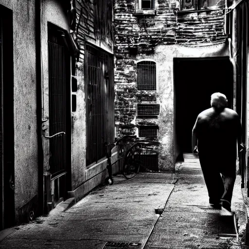 Prompt: a fat old man with a handlebar mustache peering out of a dark alleyway licking his lips, ominous, dslr, 8k, dark lighting,