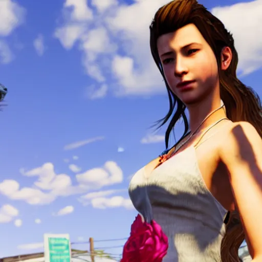 Image similar to Screenshot of Aerith Gainsborough in the game GTA V, highly detailed