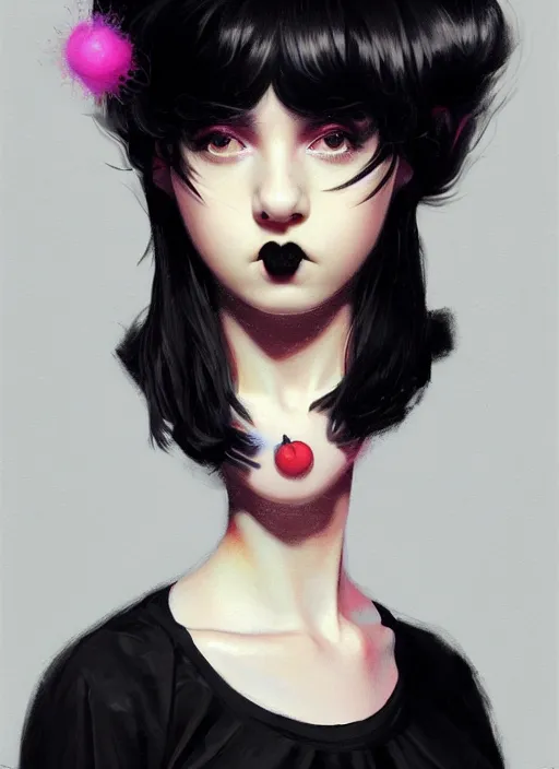 Image similar to portrait of a plump teenager with a crooked nose and a confident expression, 1 9 6 0 s, black clothes, goth, punk, brightly coloured hair, funk, intricate, elegant, highly detailed, digital painting, artstation, concept art, smooth, sharp focus, illustration, art by wlop, mars ravelo and greg rutkowski