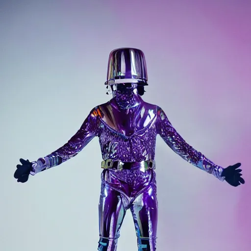 Image similar to conde nast traveler photo, inside a futuristic minimalist alien jungle made out of shiny reflective chrome, futuristic android with limbs made out of stretchy rubber tubing mixed with shiny colorful giant intricate detailed chrome gauntlets and chest piece and gladiator helmet, wearing a long purple velvet cape, fog and mist