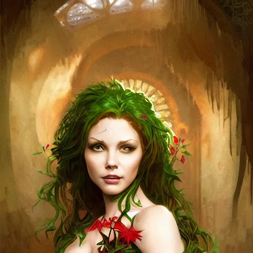 Image similar to a beautiful and detailed matte painting of poison ivy dressed as a hospital nurse, fantasy, d & d, dark eyeliner, intricate, elegant, highly detailed, digital painting, artstation, concept art, matte, sharp focus, illustration, art by greg rutkowski and alphonse mucha