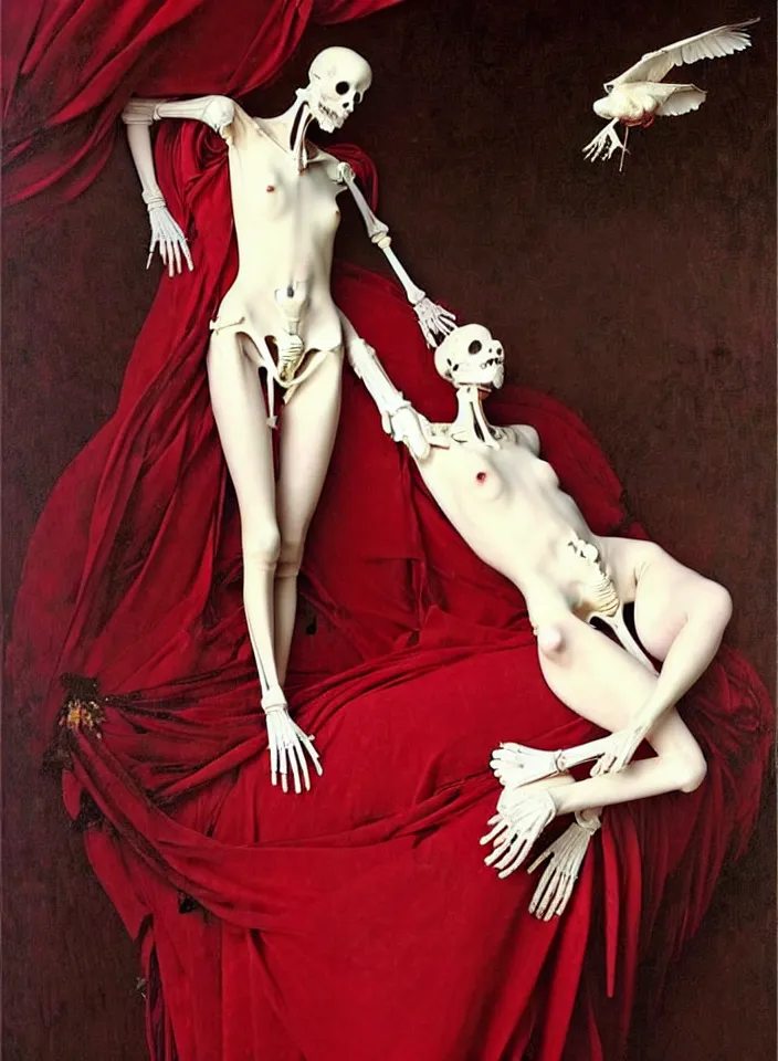 Prompt: a white mannequin, dress made of red liquid wax, bones, rose petals, flying birds, dark classic interior, full-length, wide angle, epic, oil painting in a renaissance style , very detailed, red background, painted by Caravaggio, Greg rutkowski, Sachin Teng, Thomas Kindkade, Alphonse Mucha, Norman Rockwell, Tom Bagshaw.