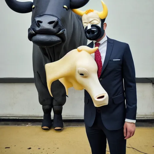 Image similar to high quality picture of a man in a suit wearing a latex mask of a mad horrific cow, by James Jean, natural lighting