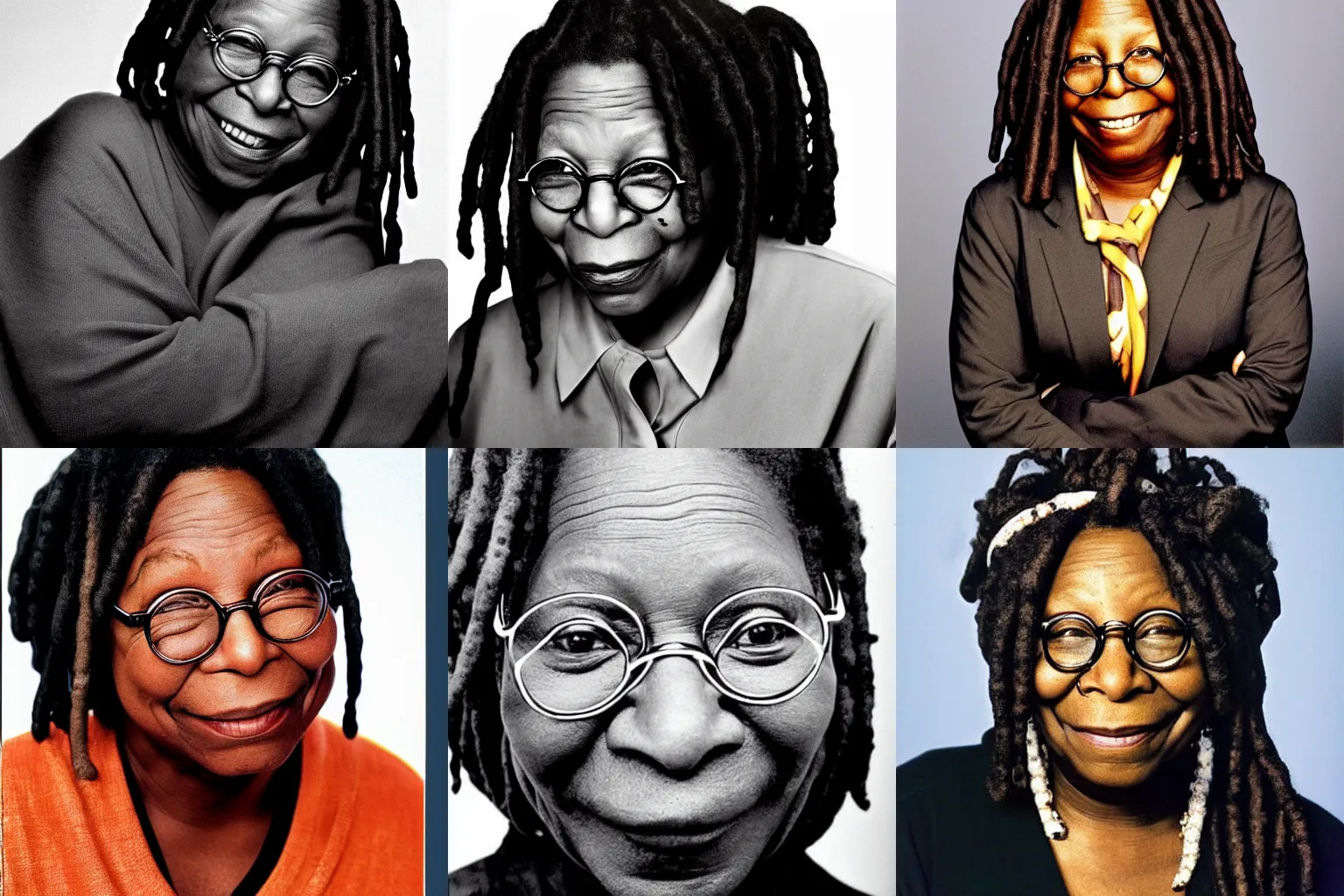 Prompt: whoopi goldberg with dark, thick eyebrows, photo quality, 8 0 ’ s portrait