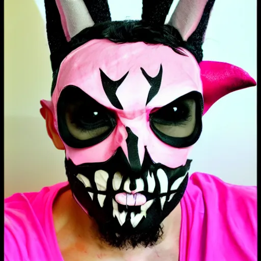 Prompt: bad bunny dressing up as a demon for halloween, artistic, pink pastel, realistic, close up, varying angles