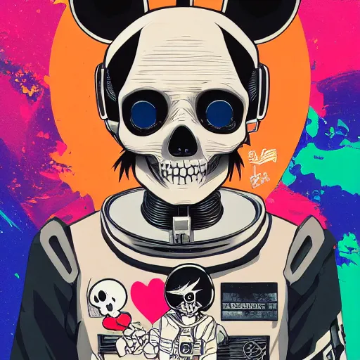 Prompt: anime manga skull portrait young woman skeleton, astronaut miffy, painterly, logo, graffiti, elegant, highly detailed, digital art, art by jc leyendecker and sachin teng