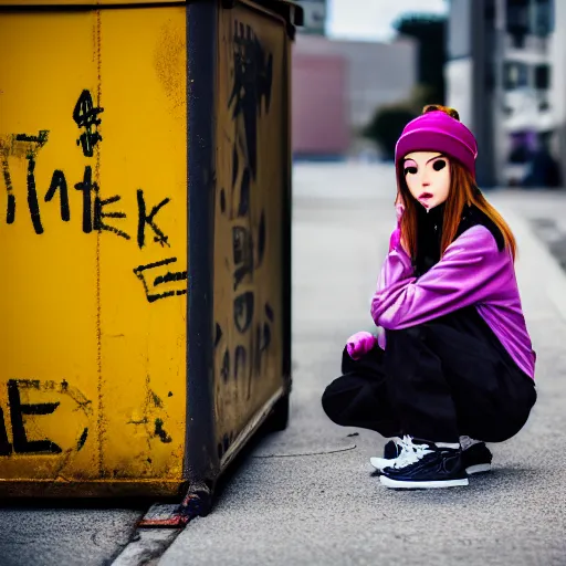 Prompt: photographic portrait of a streetwear anime girl crouched next to a dumpster, closeup, sigma 85mm f/1.4, 4k, depth of field, high resolution, 4k, 8k, hd, full color