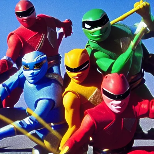 Image similar to power rangers fighting with teenage mutant ninja turtles