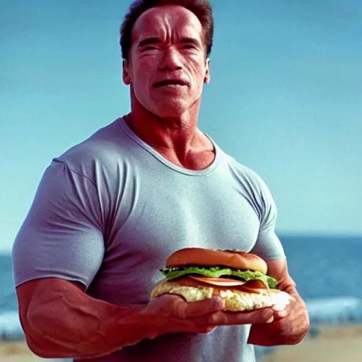 Prompt: arnold schwarzenegger eating a burger, standing with the sea behind him