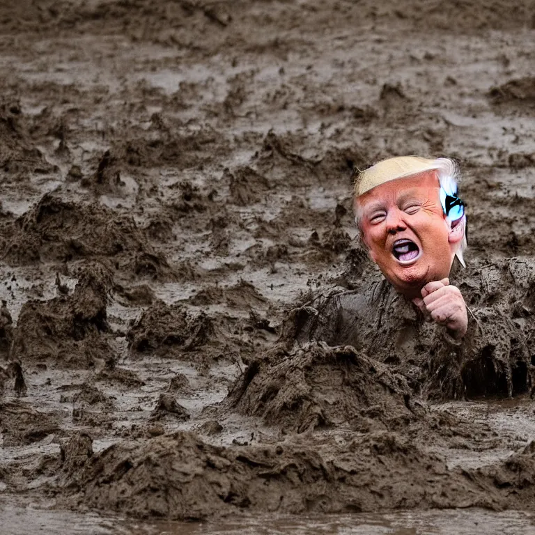 Image similar to flash photograph of Donald Trump wallowing in a mud pit. He is very angry and shouting.