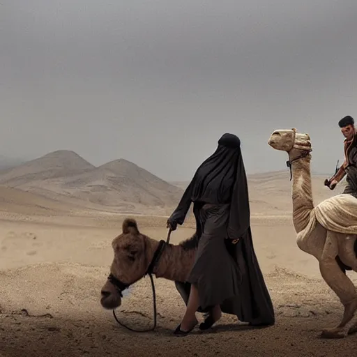 Image similar to anna forsterling and saul bromberger, yulia nevskaya, pulitzer, photorealistic, detailed details / woman wear burqa ride camel and handling gun