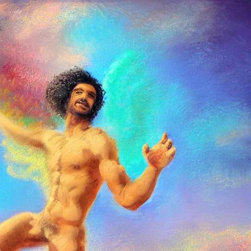 Image similar to egyptian man with curly hair skydiving, centered in frame, pastel colors, dreamy colors, digital painting, oil painting, sharp detail, impressionist painting, vintage, intricate details, dreamy