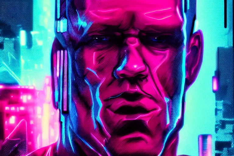 Image similar to a digital portrait of john cena, cyberpunk, glitchcore, synthwave art, artstation art, night, professional light