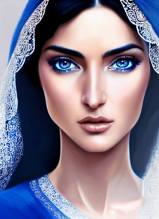 Image similar to ameera al taweel, bright blue eyes, long wavy black hair, white veil, in the style of stefan kostic, realistic, sharp focus, 8k high definition, insanely detailed, intricate, elegant, art by stanley lau and artgerm