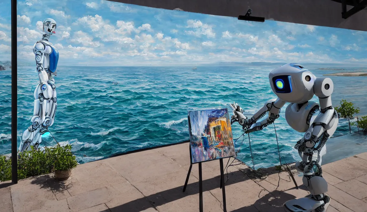 Image similar to an high resolution photo of a robot paiting a picture on a terrace over the see, hyper detailed, phoyography, realistic, art, 8 k, unreal engine, cinematic, shallow focus, f 2. 8 3 5 mm, kodak film, 3 5 mm film