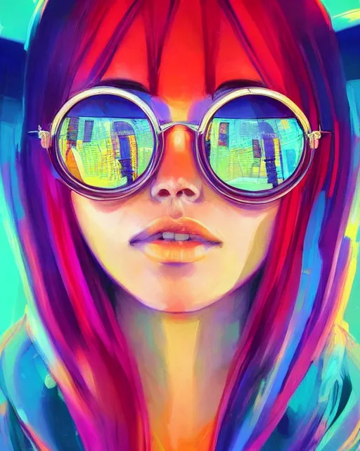 Prompt: colorful portrait of a female hippie with round sunglasses, set in the future 2 1 5 0 | highly detailed | very intricate | symmetrical | professional model | cinematic lighting | award - winning | painted by mandy jurgens and ross tran | pan futurism, dystopian, bold psychedelic colors, cyberpunk, groovy vibe, anime aesthestic | featured on artstation