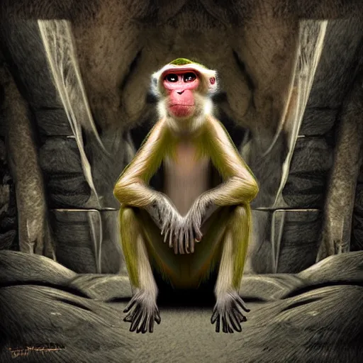 Image similar to macaque inside alien base, digital art,