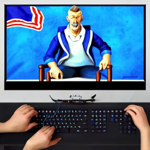 Image similar to european union eu hybrid influencer on blue shirt sitting on chair with eu flag on computer playing games on led keyboard and gaming mouse in style of American propaganda poster, big nosed, eu flag, european union flag, dark and gloom, extremely detailed oil painting, open room, highly detailed, trending on artstation, concept art, sharp focus, illustration, art by artgerm and greg rutkowski and magali villeneuve