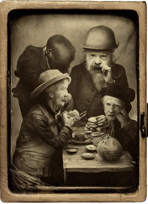 Prompt: old wetplate daguerreotype potato eaters by van gogh, fractal, intricate, elegant, highly detailed, parallax, leica, medium format, subsurface scattering, by jheronimus bosch and greg rutkowski and louis jacques mande daguerre