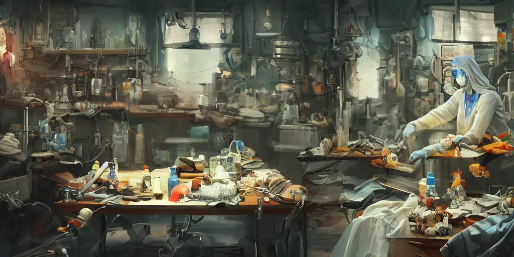 Image similar to an environmental concept art of a babushka surgeon in a cluttered mechanics workshop, surgical impliments, surgery table, highly detailed, cinematic, dramatic, cyberpunk
