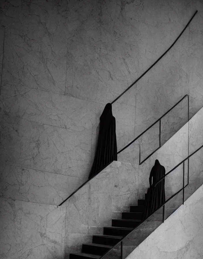 Image similar to a figure shrouded in a long trailing pitch black gown, descending a giant marble staircase in a dark room, photorealism, hyperrealism, harsh lighting, dramatic lighting, medium shot, serious, gloomy, foreboding, cinematic