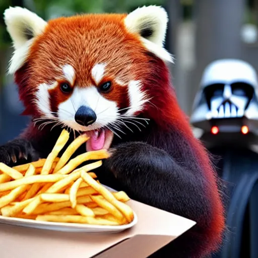 Prompt: a red panda wearing a Darth Vader helmet eating french fries