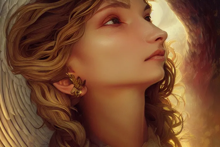 Image similar to close up portrait of beautiful angel, d & d, face, fantasy, intricate, elegant, highly detailed, digital painting, artstation, concept art, smooth, sharp focus, illustration, art by artgerm and greg rutkowski and alphonse mucha