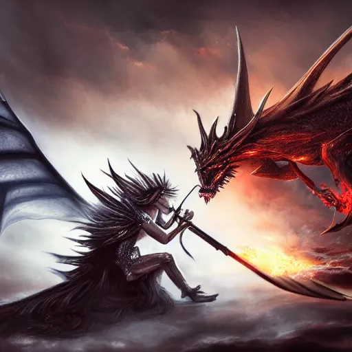 Prompt: a n angel battling a dragon, the angle is striking the dragon with her spear, trending on artstation, award winning, highly detailed, epic, dark mood