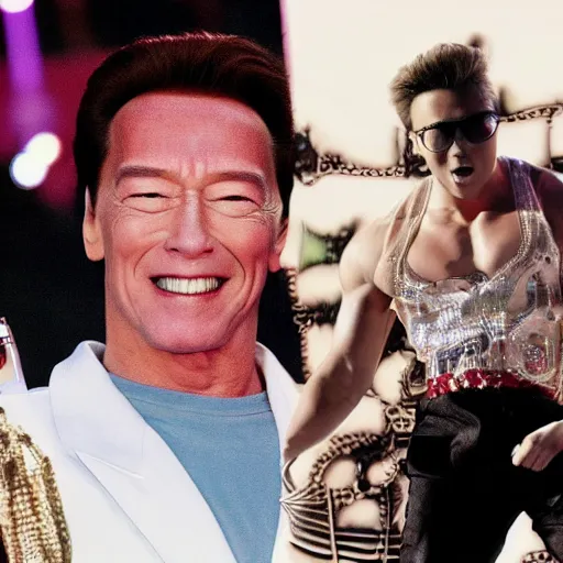 Image similar to Arnold Schwartzenegger as a K-Pop star, award winning photograph