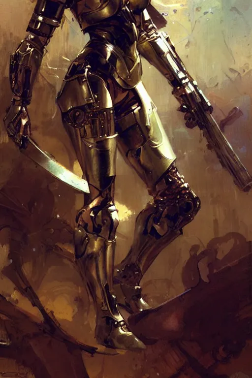 Image similar to futuristic women with medieval armor cyborg fighting dynamic poses, holding a gunsword, detail, beautifull face, no blur, painting by gaston bussiere, craig mullins, greg rutkowski, yoji shinkawa, sorayama