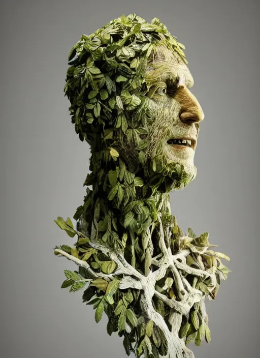 Image similar to a bust sculpture of anatomical detailed tree golem, woody harrelson, wood, green leaves, become human, ceramic base, orthographic, studio lighting