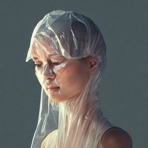 Image similar to woman in a translucent clothing made from plastic bag with paper bags for clothes standing inside paper bags with paper bag over the head, painted portrait, 4k, trending on artstation, octane render, art by artgerm and greg rutkowski and alphonse mucha and craig mullins and James Jean and Andrei Riabovitchev and Marc Simonetti and peter mohrbacher