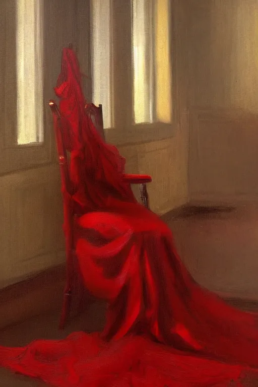 Image similar to an empty red dress laid across a chair in a dark victorian era room. in the style of american impressionism painting.