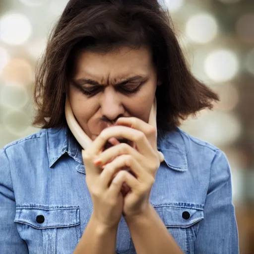 Image similar to woman looking at gold coin, worried, bokeh, portrait photograph