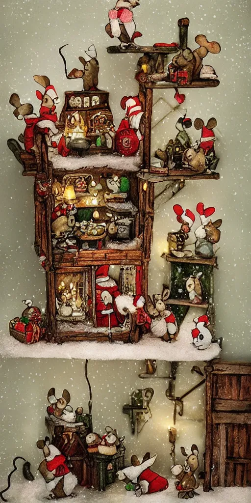 Prompt: an indoor christmas mice scene by alexander jansson