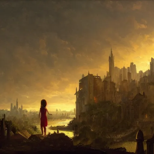 Image similar to a girl looks over a view at sunset, the view is of a sprawling medieval city that is built amidst decaying brutalist architecture and overgrown by the rainforest, rpg, hubert robert, cityscape, panorama