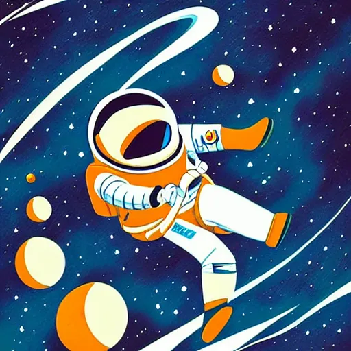 Image similar to colorful pixar, mcbess illustration, an astronaut drifting through space