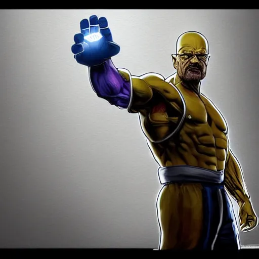 Prompt: walter white as a bodybuilder thanos with the infinity gauntlet, artstation hall of fame gallery, editors choice, #1 digital painting of all time, most beautiful image ever created, emotionally evocative, greatest art ever made, lifetime achievement magnum opus masterpiece, the most amazing breathtaking image with the deepest message ever painted, a thing of beauty beyond imagination or words, 4k, highly detailed, cinematic lighting