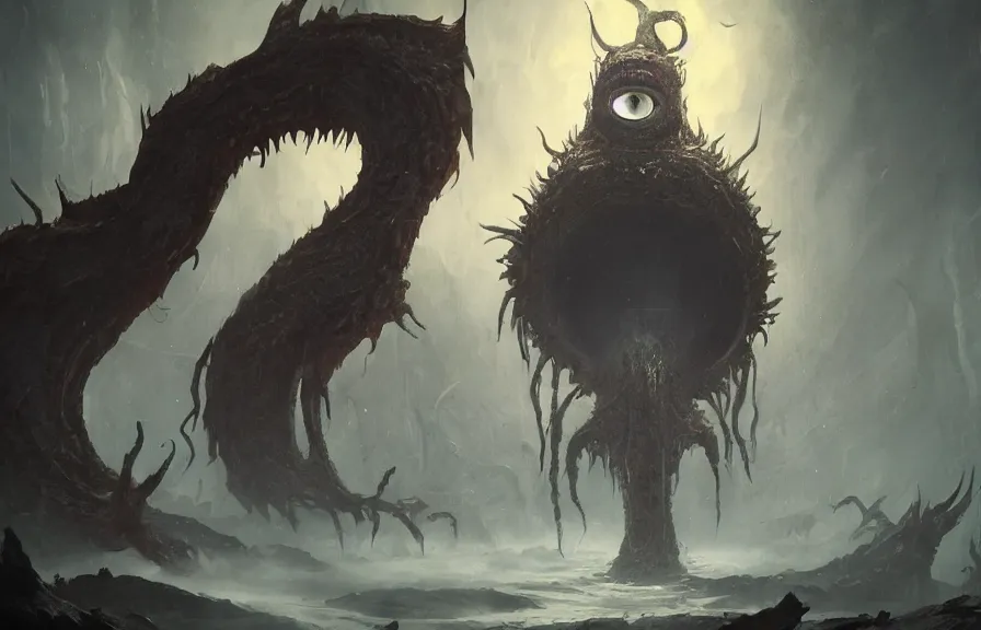 Image similar to sinister monster with one giant eye, eldritch horror, character art by Greg Rutkowski, 4k digital render