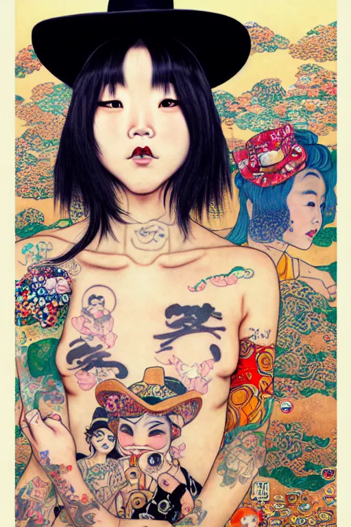 Prompt: full view of taiwanese girl with tattoos, wearing a cowboy hat, style of yoshii chie and hikari shimoda and martine johanna and and gustav klimt and will eisner, highly detailed