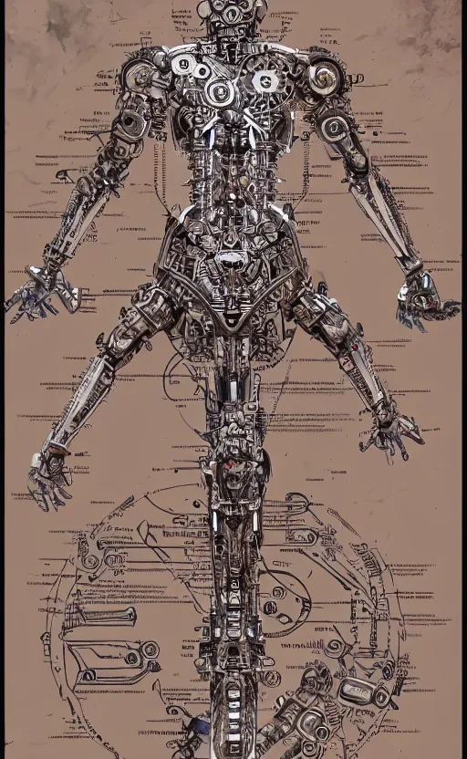 Image similar to anatomy of the vitruvian terminator, robot, cyborg, t 1 0 0, bloodborne diagrams, mystical, intricate ornamental tower floral flourishes, rule of thirds, technology meets fantasy, map, infographic, concept art, art station, style of wes anderson