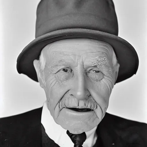 Prompt: 1930s photograph of a wrinkled old man with a hat made out of ice cream