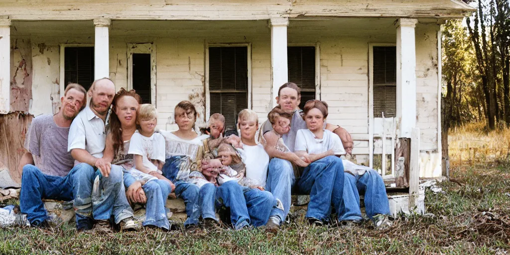 Prompt: photo of white redneck family sitting on front porch of dilapidated house, mid shot portrait, kodak gold 2 0 0,